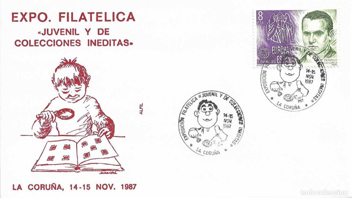 Sellos: EXPOSICION JUVENIL Y DE COLECCIONES INEDITAS, LA CORU&Ntilde;A 1987. RARO MATASELLOS EN SOBRE DE ALFIL