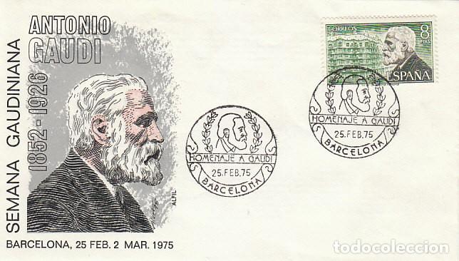 Sellos: EDIFIL 2241, GAUDI, PRIMER DIA ESPECIAL DE BARCELONA DEL 25-2-1975, SOBRE DE ALFIL