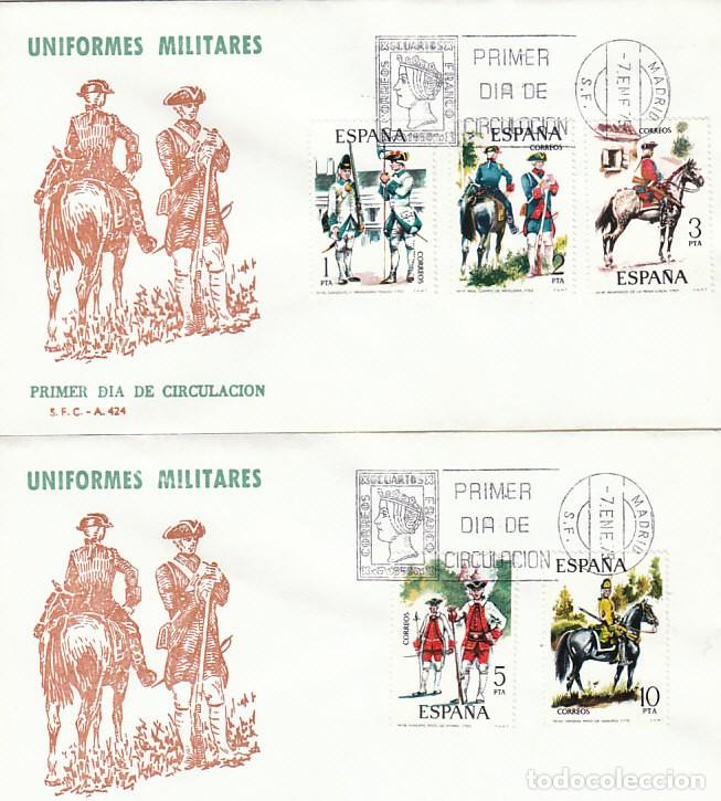 Sellos: EDIFIL N&ordm; 2236/40, Uniformes grupo IV (siglo XVIII), PRIMER DIA DE 7-1-1975 SFC, SERIE COMPLETA