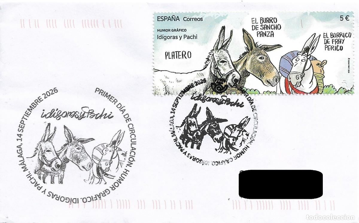 Sellos: ESPA&Ntilde;A. SOBRE PRIMER DIA. HUMOR GRAFICO. IDIGORAS Y PACHI. BURROS. MALAGA. 2026