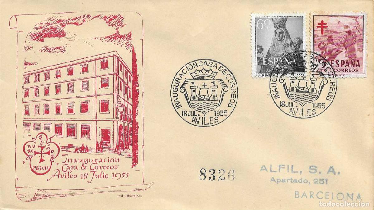 Sellos: INAUGURACION CASA DE CORREOS, AVILES (ASTURIAS) 1955. RARO MATASELLOS EN SOBRE CIRCULADO ALFIL RWR