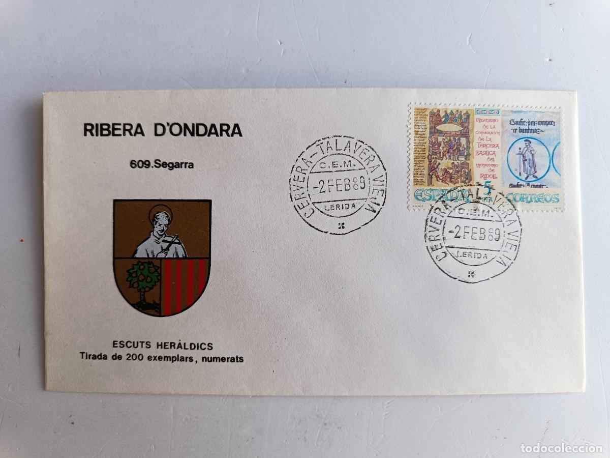 Sellos: MATASELLOS EN SOBRE ILUSTRADO CON ESCUDO DE LA POBLACI&Oacute;N DE RIBERA D'ONDARA - SEGARRA