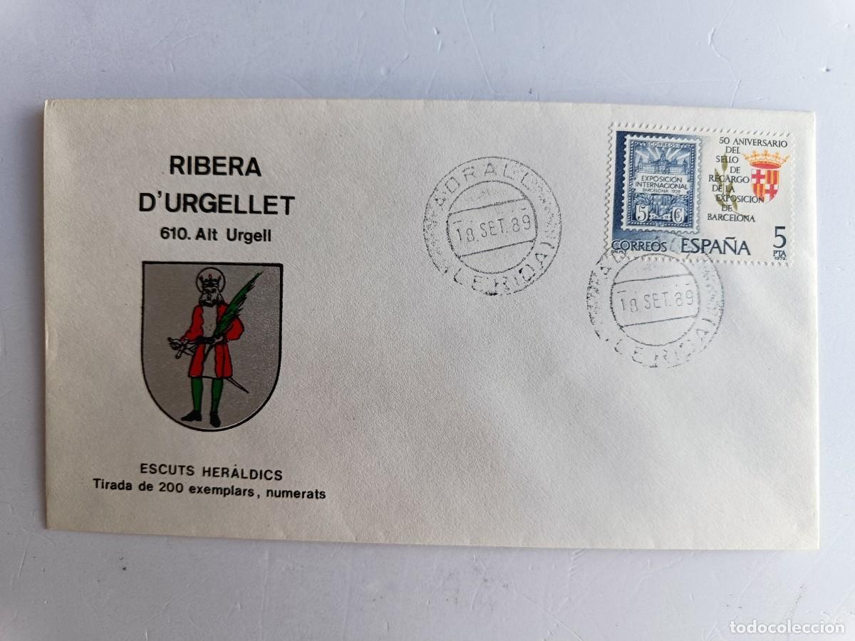 Sellos: MATASELLOS EN SOBRE ILUSTRADO CON ESCUDO DE LA POBLACI&Oacute;N DE RIBERA D'URGELLET - ALT URGELL