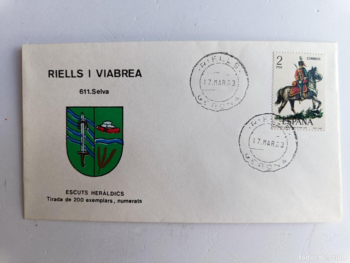 Sellos: MATASELLOS EN SOBRE ILUSTRADO CON ESCUDO DE LA POBLACI&Oacute;N DE RIELLS I VIABREA - SELVA