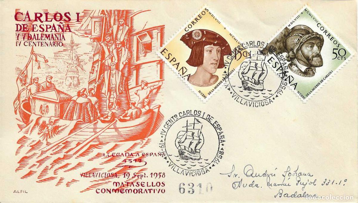Sellos: CARLOS I DE ESPA&Ntilde;A IV CENTENARIO, VILLAVICIOSA (ASTURIAS) 1958 MATASELLOS SOBRE CIRCULADO ALFIL RWR