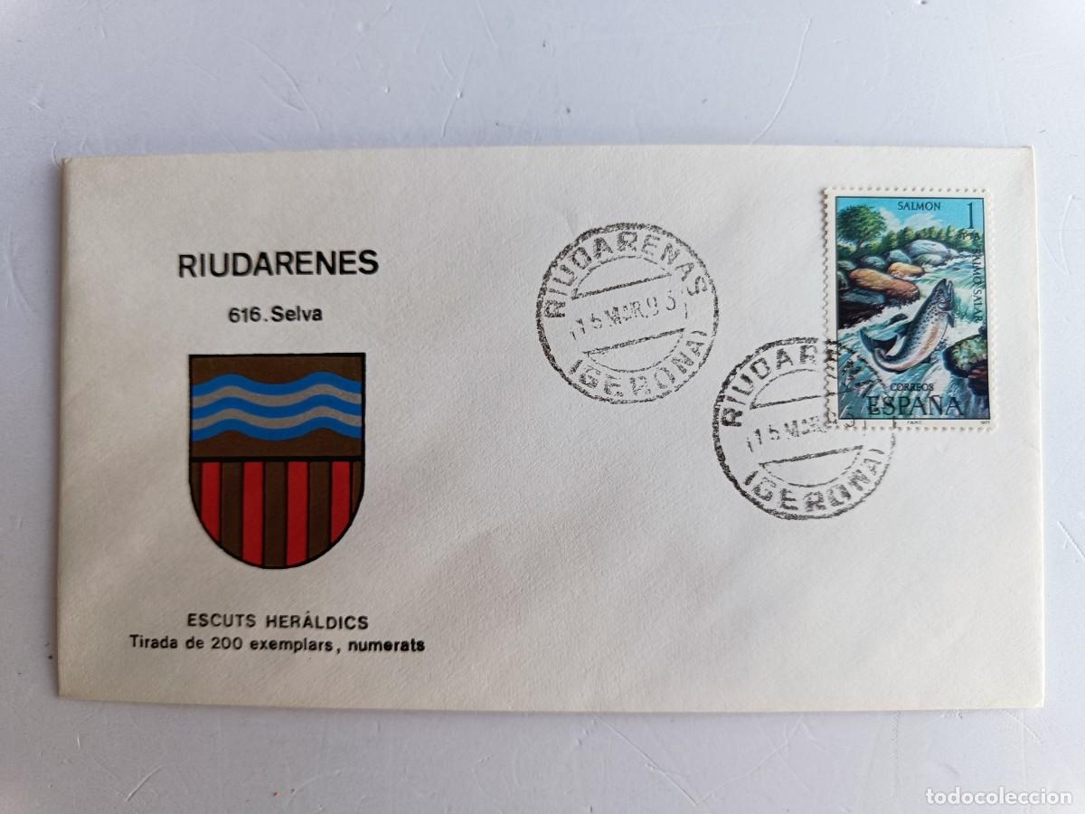 Sellos: MATASELLOS EN SOBRE ILUSTRADO CON ESCUDO DE LA POBLACI&Oacute;N DE RIUDARENES - SELVA