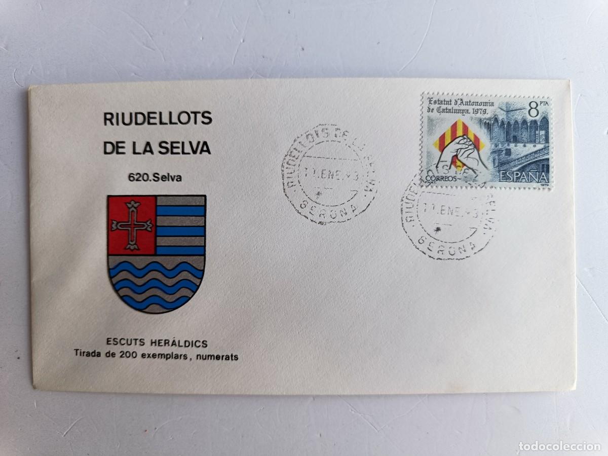 Sellos: MATASELLOS EN SOBRE ILUSTRADO CON ESCUDO DE LA POBLACI&Oacute;N DE RIUDELLOTS DE LA SELVA - SELVA