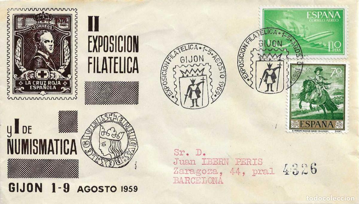 Sellos: DON PELAYO II EXPOSICION FILATELICA, GIJON (ASTURIAS) 1959. MATASELLOS EN SOBRE CIRCULADO ALFIL RWR