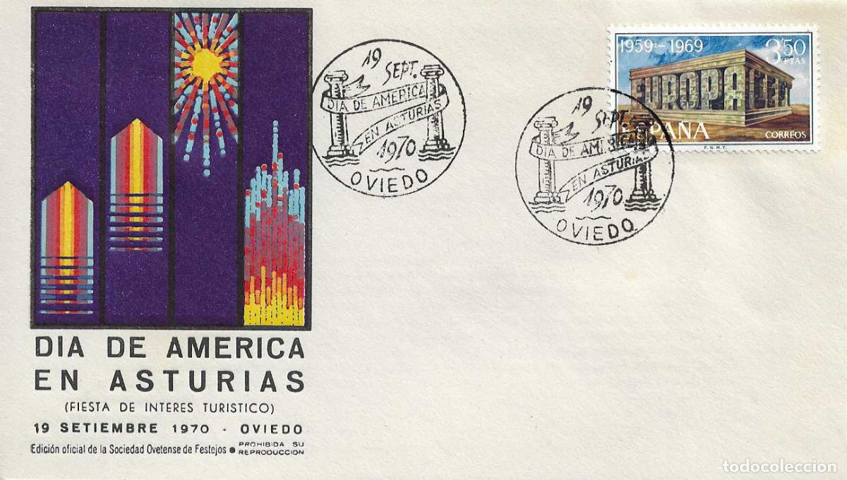 Sellos: DIA DE AMERICA EN ASTURIAS, OVIEDO 1970. MATASELLOS EN SOBRE EDICION OFICIAL. BONITO Y RARO ASI