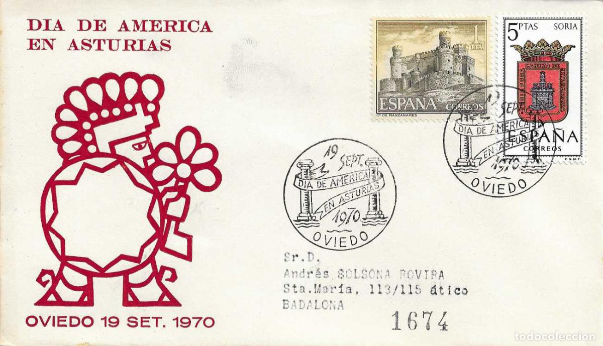 Sellos: DIA DE AMERICA EN ASTURIAS, OVIEDO 1970. MATASELLOS EN SOBRE CIRCULADO ALFIL. BONITO Y RARO ASI RWR