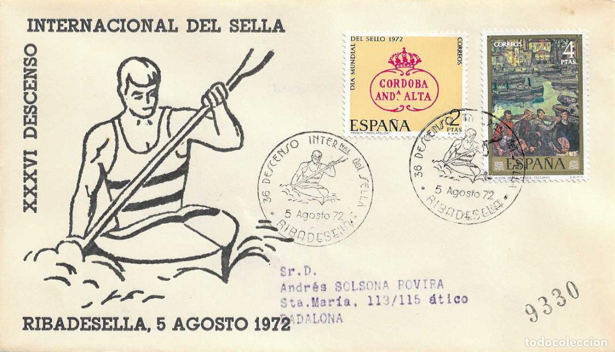 Sellos: DEPORTES 36 XXXVI DESCENSO INT SELLA, RIBADESELLA (ASTURIAS) 1972. RARO MATASELLOS EN SOBRE DE ALFIL