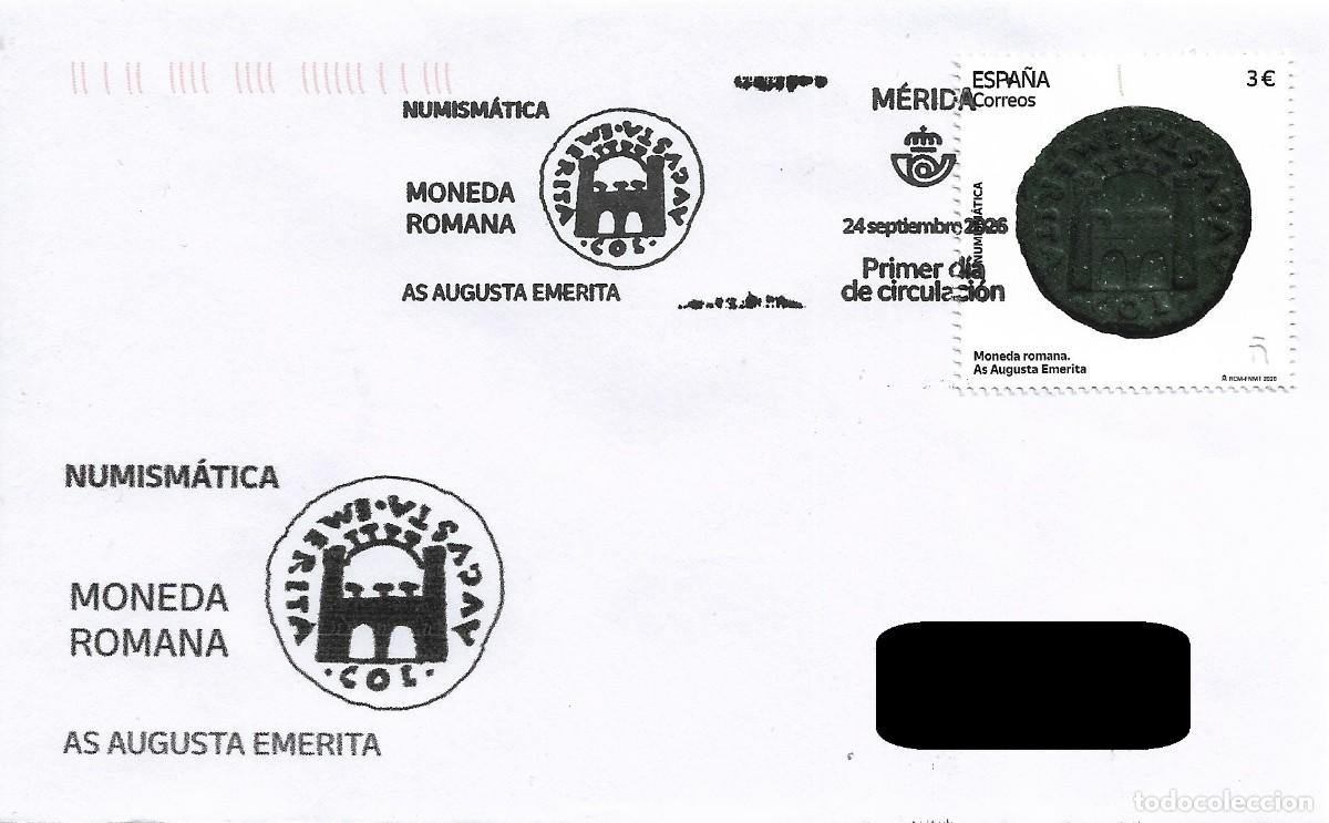 Sellos: ESPA&Ntilde;A. SOBRE PRIMER DIA. MONEDA ROMANA. AS AUGUSTA EMERITA. MERIDA. 2026