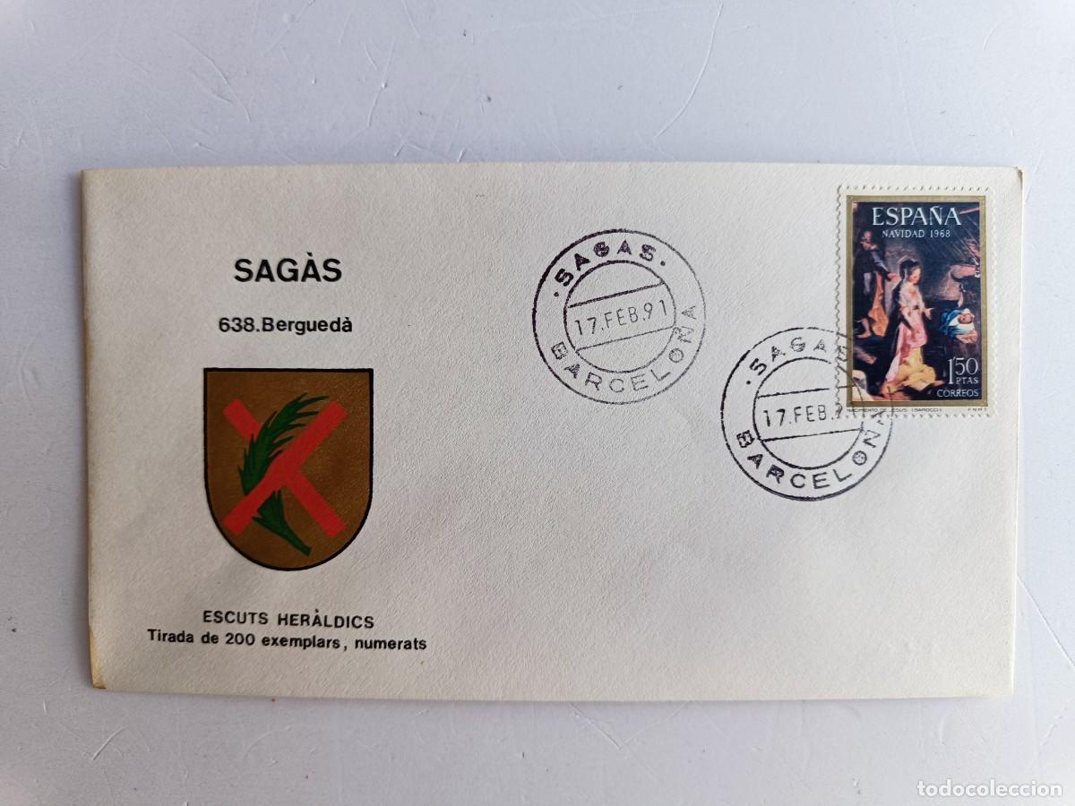Sellos: MATASELLOS EN SOBRE ILUSTRADO CON ESCUDO DE LA POBLACI&Oacute;N DE SAG&Agrave;S - BERGUED&Agrave;