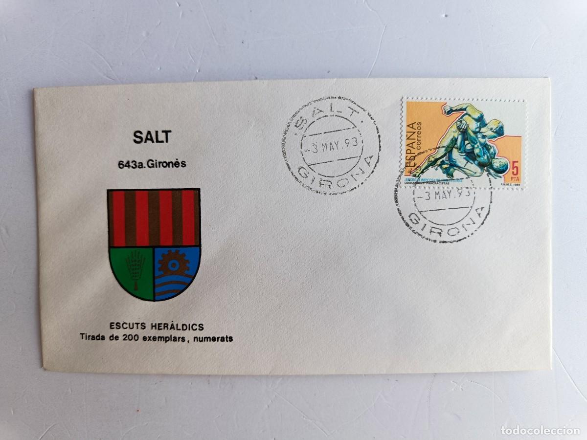 Sellos: MATASELLOS EN SOBRE ILUSTRADO CON ESCUDO DE LA POBLACI&Oacute;N DE SALT - GIRON&Eacute;S