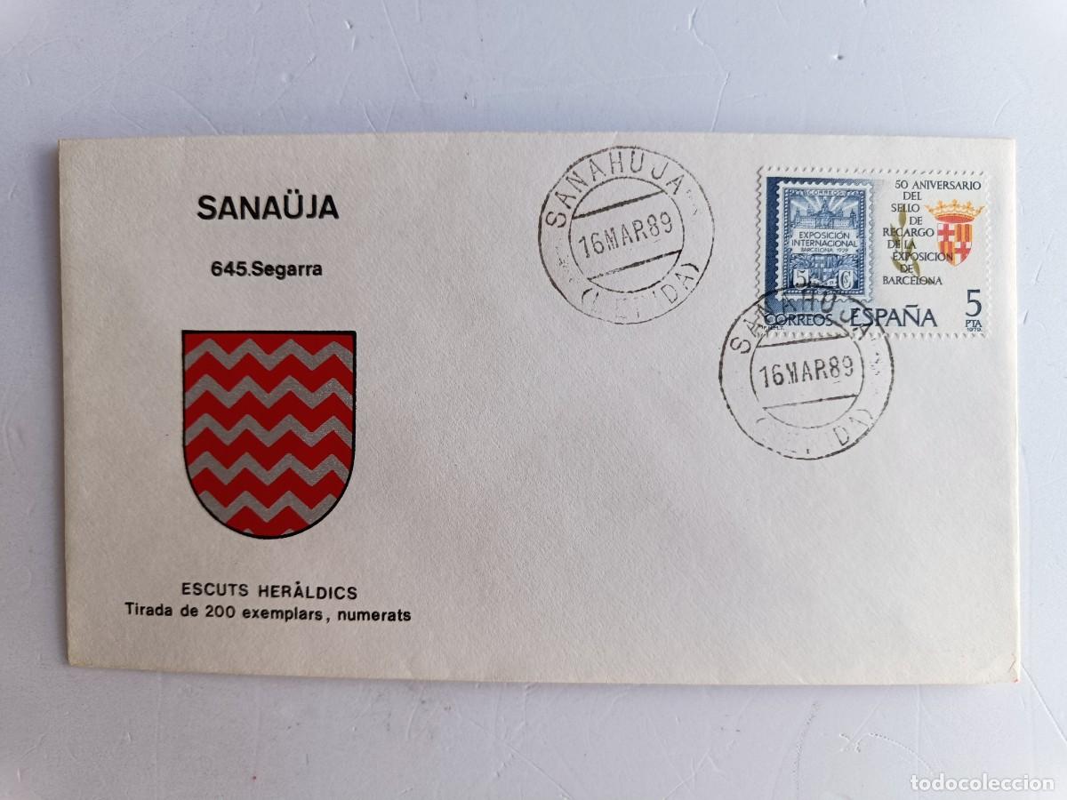 Sellos: MATASELLOS EN SOBRE ILUSTRADO CON ESCUDO DE LA POBLACI&Oacute;N DE SANA&Uuml;JA - SEGARRA