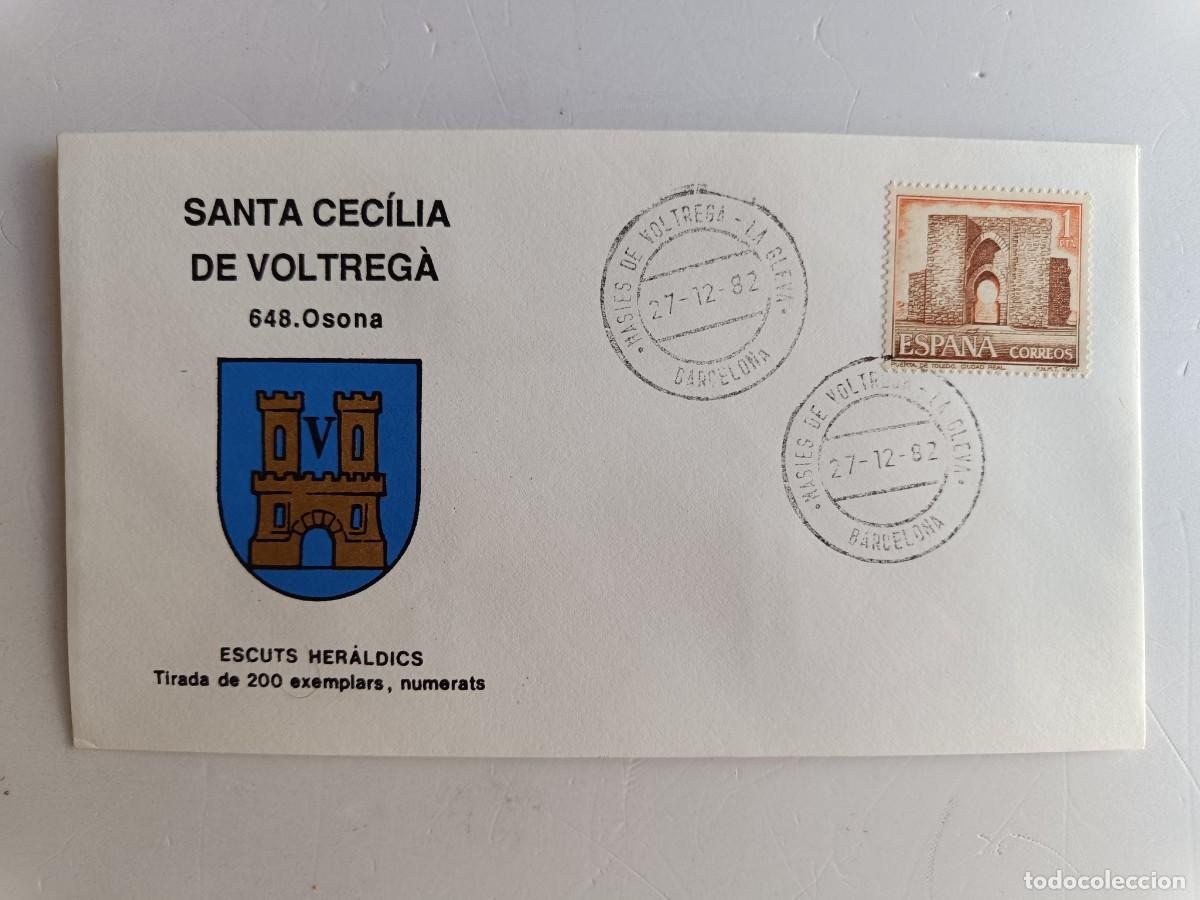 Sellos: MATASELLOS EN SOBRE ILUSTRADO CON ESCUDO DE LA POBLACI&Oacute;N DE SANTA CEC&Iacute;LIA DE VOLTREG&Agrave; - OSONA