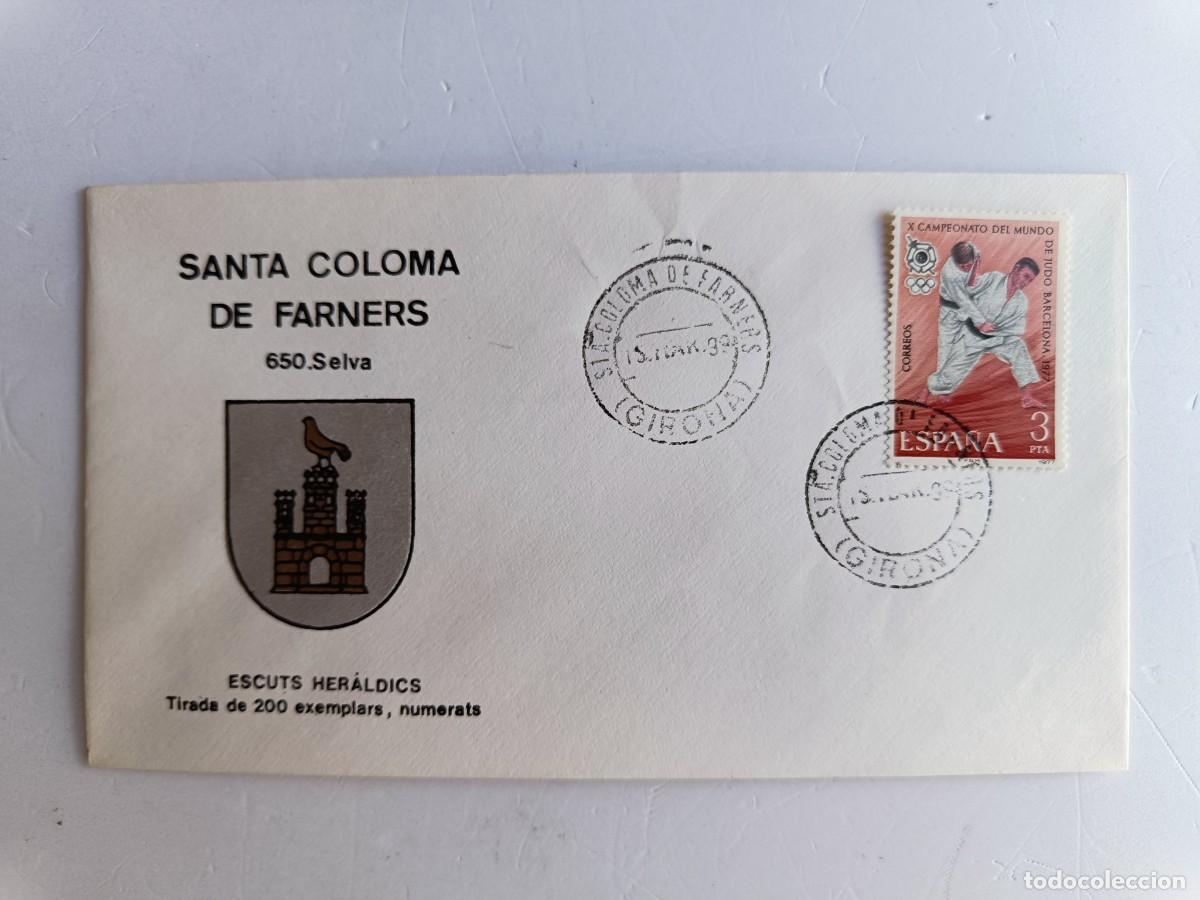 Sellos: MATASELLOS EN SOBRE ILUSTRADO CON ESCUDO DE LA POBLACI&Oacute;N DE SANTA COLOMA DE FARNES - SELVA