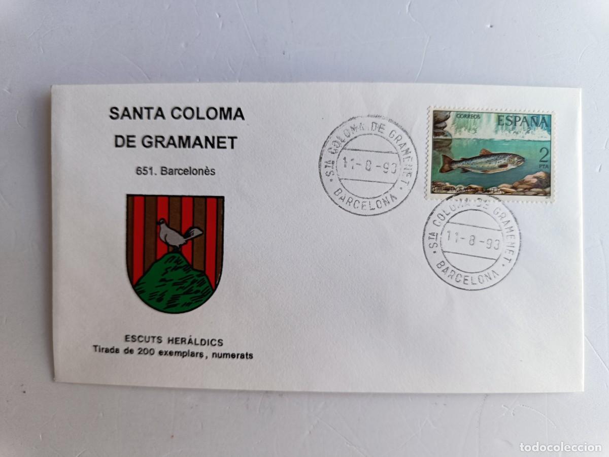 Sellos: MATASELLOS EN SOBRE ILUSTRADO CON ESCUDO DE LA POBLACI&Oacute;N DE SANTA COLOMA DE GRAMANET - BARCELON&Eacute;S