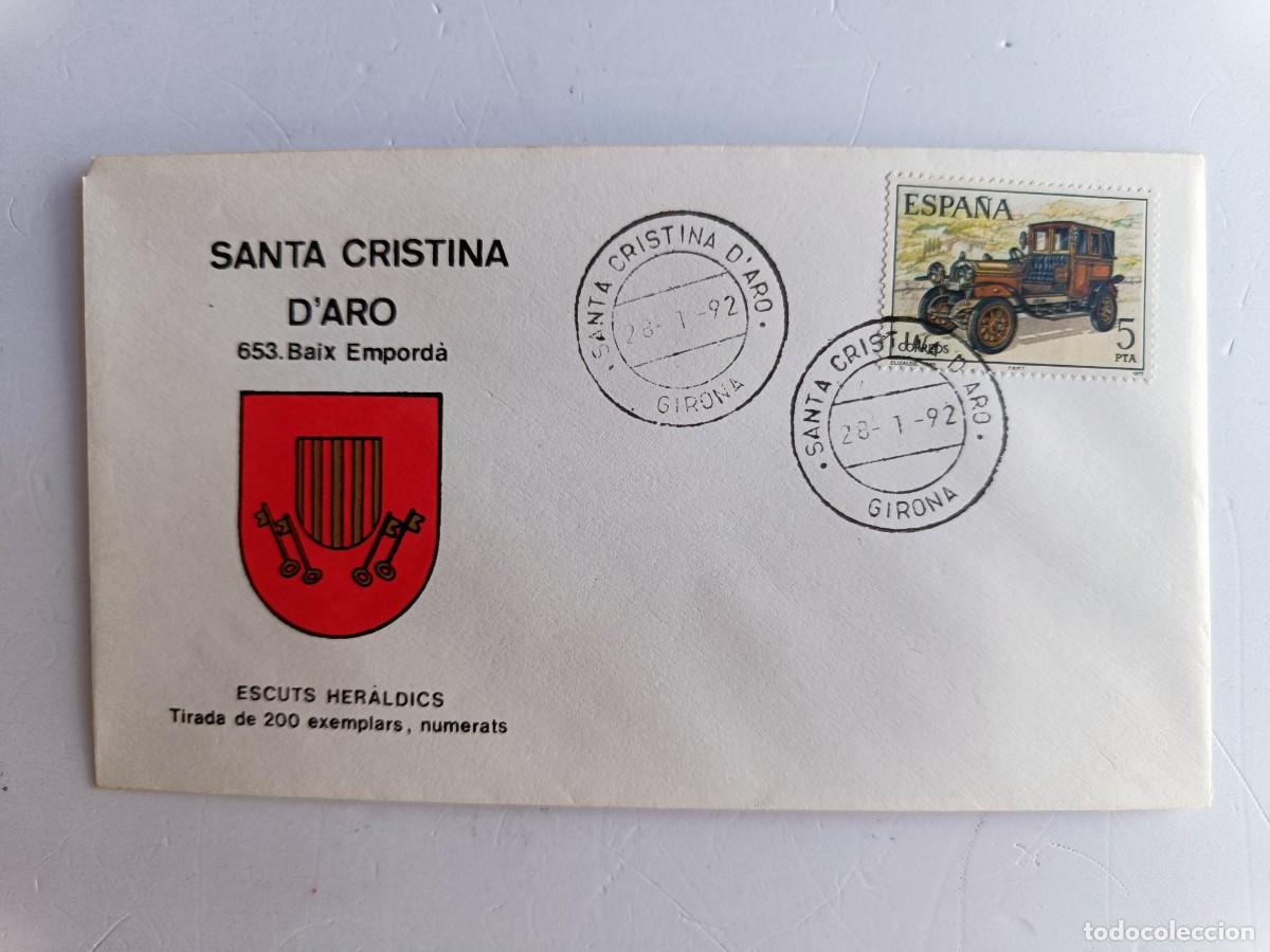 Sellos: MATASELLOS EN SOBRE ILUSTRADO CON ESCUDO DE LA POBLACI&Oacute;N DE SANTA CRISTINA D'ARO - BAIX EMPORD&Agrave;