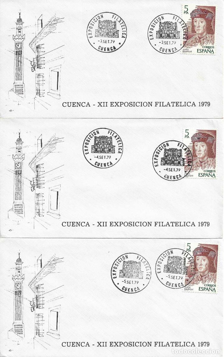 Sellos: RARO JUEGO COMPLETO TRES MATASELLOS TORRE DE MANGANA XII EXPOSICION FILATELICA CUENCA 1979 EN SOBRES