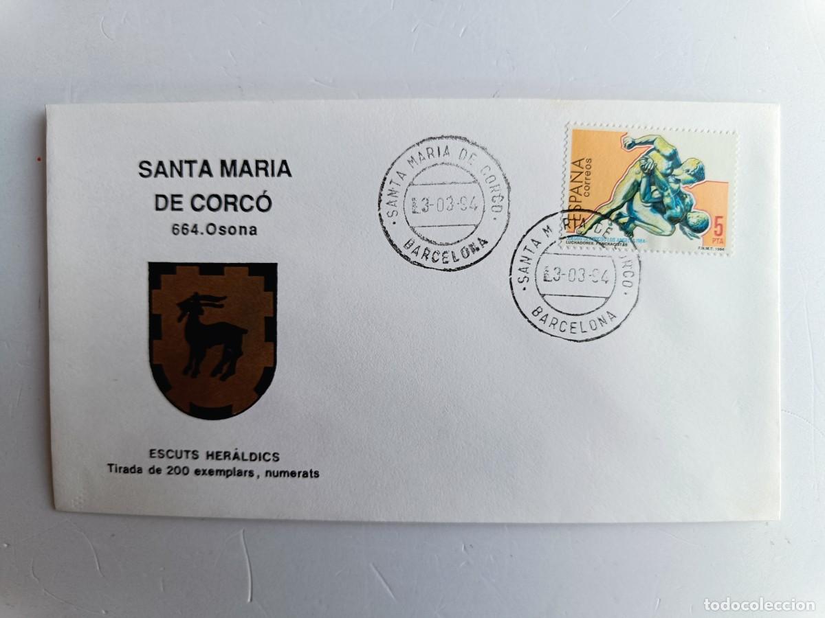 Sellos: MATASELLOS EN SOBRE ILUSTRADO CON ESCUDO DE LA POBLACI&Oacute;N DE SANTA MARIA DE CORC&Oacute; - OSONA