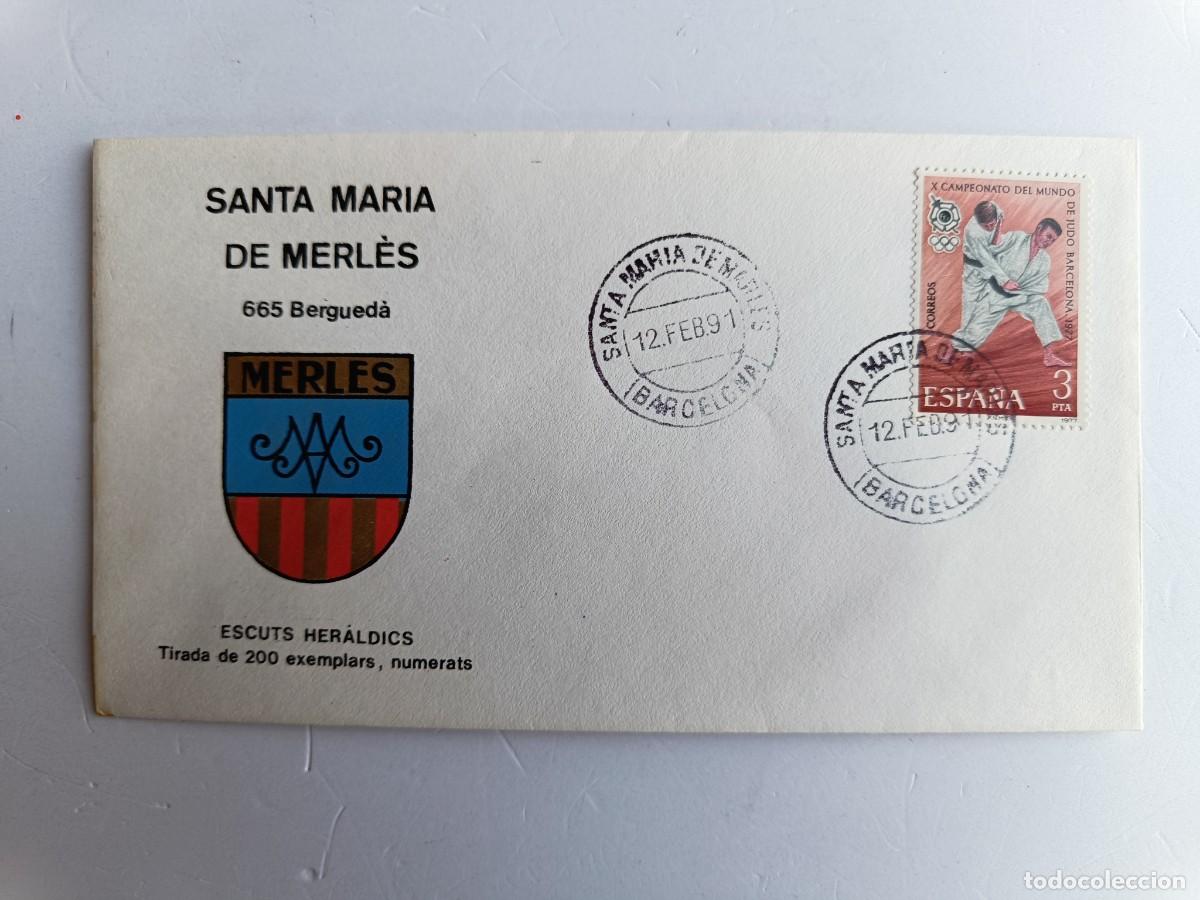 Sellos: MATASELLOS EN SOBRE ILUSTRADO CON ESCUDO DE LA POBLACI&Oacute;N DE SANTA MARIA DE MERL&Eacute;S - BERGUED&Agrave;