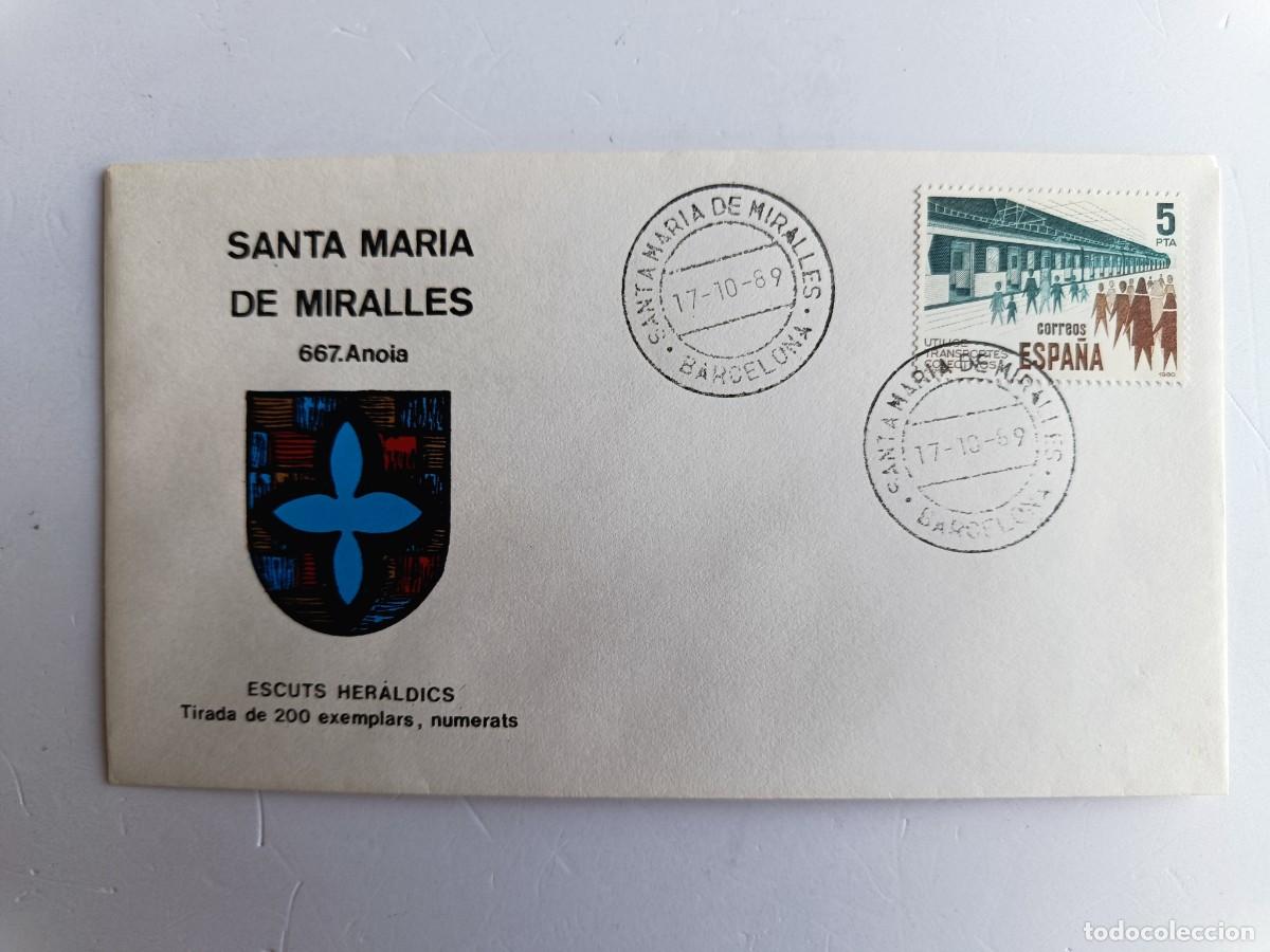 Sellos: MATASELLOS EN SOBRE ILUSTRADO CON ESCUDO DE LA POBLACI&Oacute;N DE SANTA MARIA DE MIRALLES - ANOIA