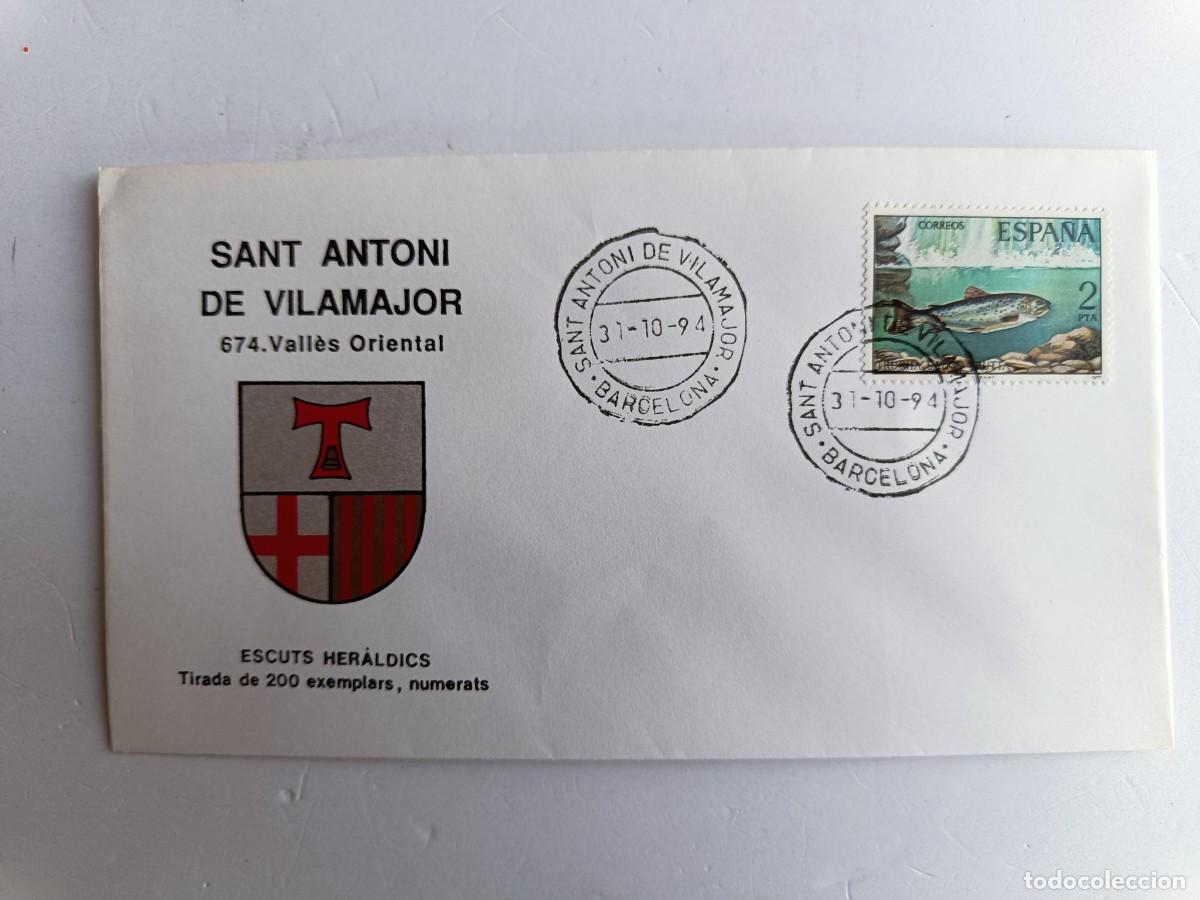Sellos: MATASELLOS EN SOBRE ILUSTRADO CON ESCUDO DE LA POBLACI&Oacute;N DE SANT ANTONI DE VILAMAJOR - VALLES ORIENT