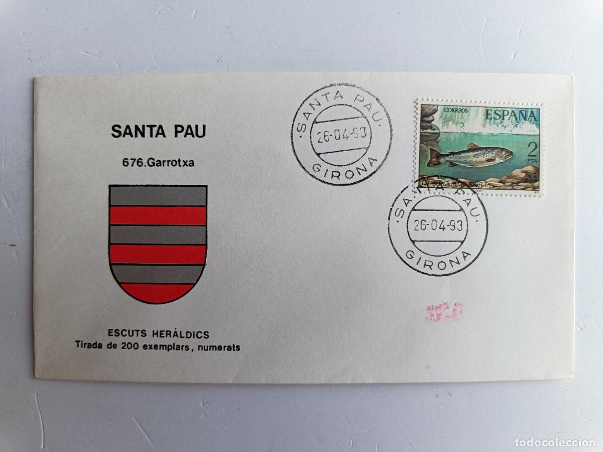 Sellos: MATASELLOS EN SOBRE ILUSTRADO CON ESCUDO DE LA POBLACI&Oacute;N DE SANTA PAU - GARROTXA