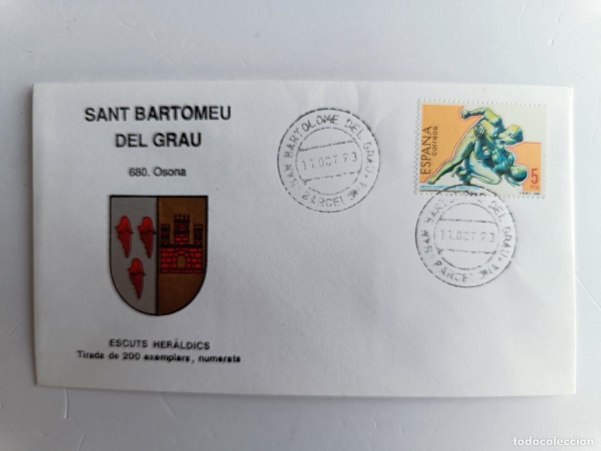 Sellos: MATASELLOS EN SOBRE ILUSTRADO CON ESCUDO DE LA POBLACI&Oacute;N DE SANT BARTOMEU DEL GRAU - OSONA