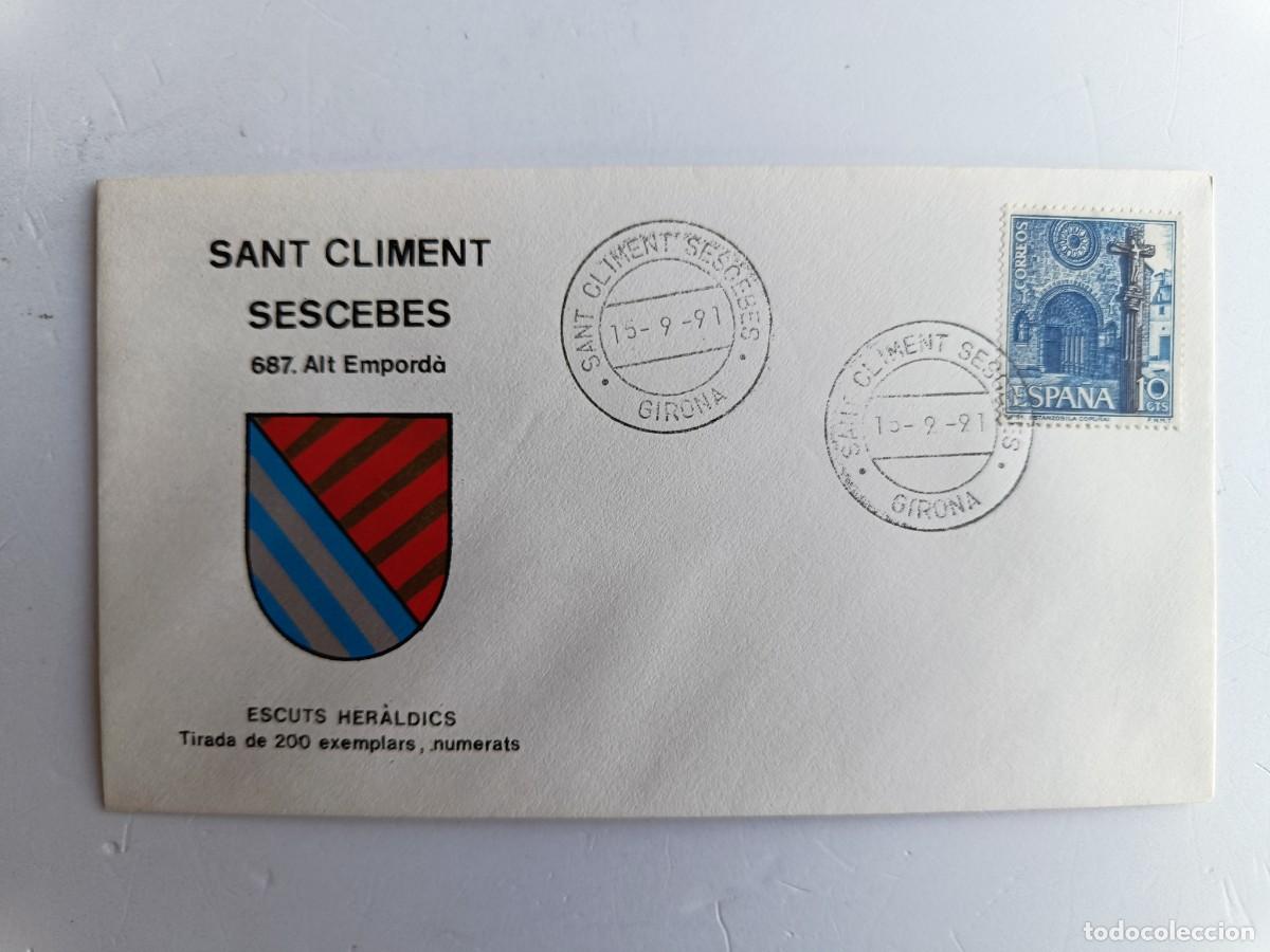 Sellos: MATASELLOS EN SOBRE ILUSTRADO CON ESCUDO DE LA POBLACI&Oacute;N DE SANT CLIMENT DE SESCEBES - ALT EMPORD&Agrave;