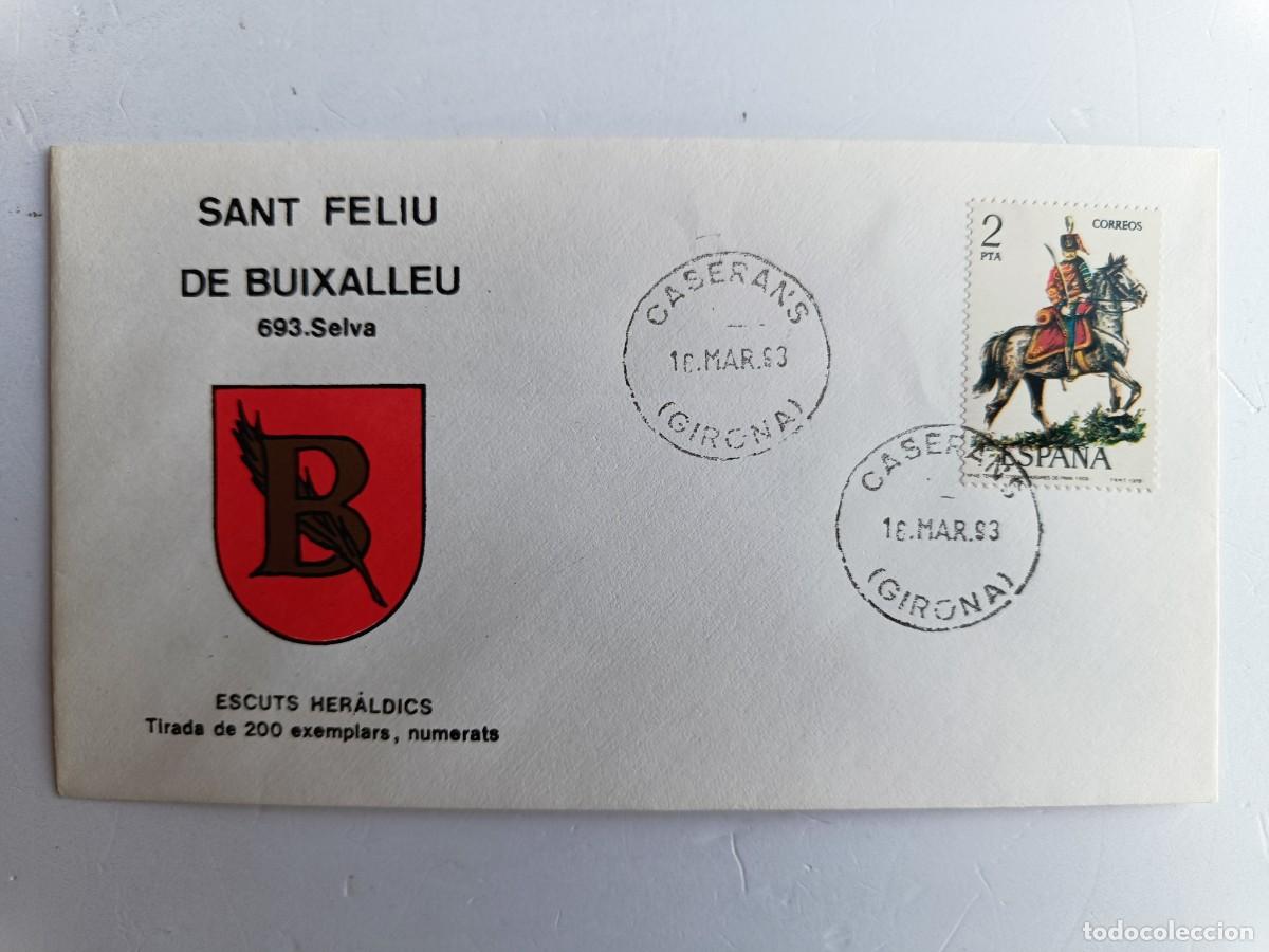 Sellos: MATASELLOS EN SOBRE ILUSTRADO CON ESCUDO DE LA POBLACI&Oacute;N DE SANT FELIU DE BUIXALLEU - SELVA