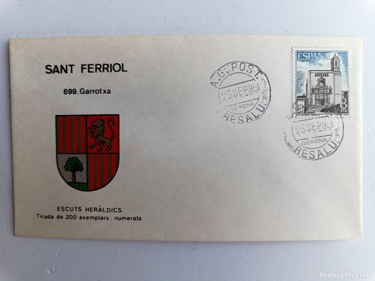 Sellos: MATASELLOS EN SOBRE ILUSTRADO CON ESCUDO DE LA POBLACI&Oacute;N DE SANT FERRIOL - GARROTXA