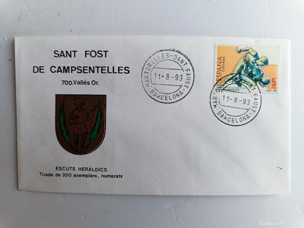 Sellos: MATASELLOS EN SOBRE ILUSTRADO CON ESCUDO DE LA POBLACI&Oacute;N DE SANT FOST DE CAMPSENTELLES - VALL&Eacute;S ORIE