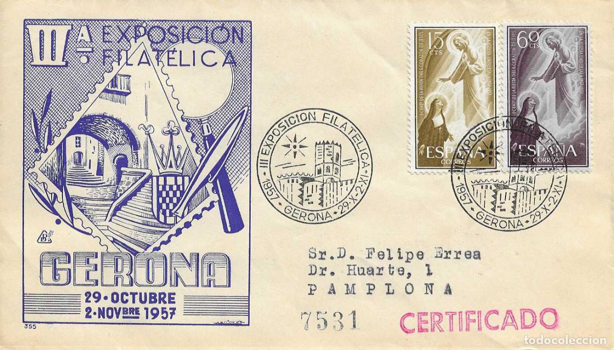 Sellos: III EXPOSICION FILATELICA GERUNDENSE, GERONA 1957. MATASELLOS EN SOBRE CIRCULADO DE DP RARO ASI VER