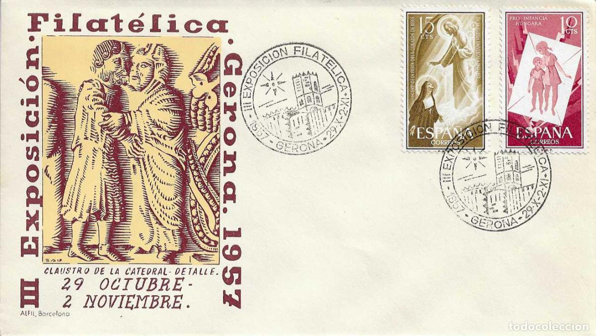 Sellos: III EXPOSICION FILATELICA GERUNDENSE, GERONA 1957. MATASELLOS SOBRE SIN CIRCULAR ALFIL RARO ASI VER