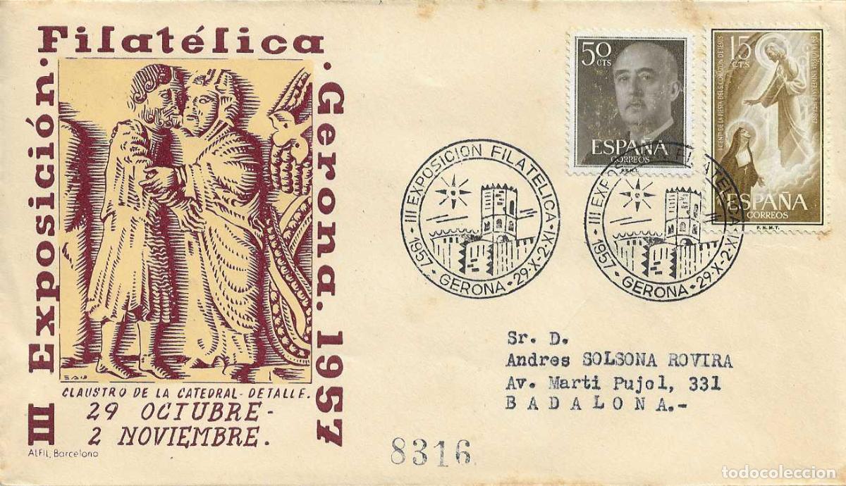 Sellos: III EXPOSICION FILATELICA GERUNDENSE, GERONA 1957. RARO MATASELLOS EN SOBRE CIRCULADO DE ALFIL RWR