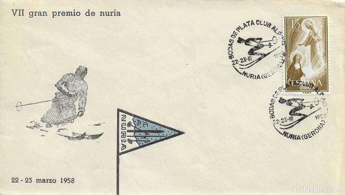 Sellos: DEPORTES ESQUI BODAS DE PLATA DEL CLUB ALPINO, NURIA (GERONA) 1958. MATASELLOS RARO SOBRE ILUSTRADO