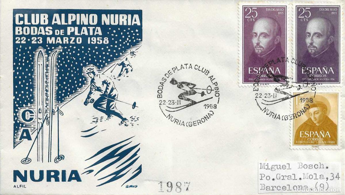 Sellos: RARO VARIEDAD SAN IGNACIO LOYOLA (EDIFIL 1166 a) EN SOBRE CIRCULADO MATASELLOS NURIA (GERONA) 1958