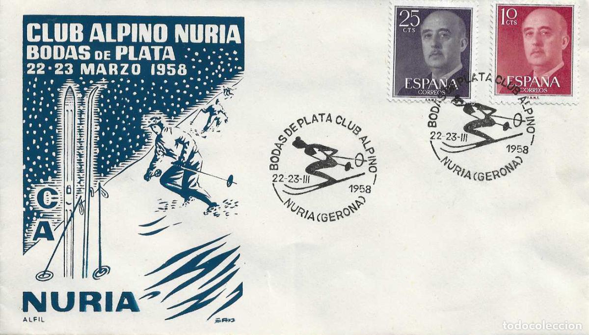 Sellos: DEPORTES ESQUI BODAS DE PLATA CLUB ALPINO, NURIA (GERONA) 1958. MATASELLOS SOBRE SIN CIRCULAR ALFIL