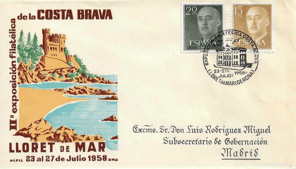 Sellos: COSTA BRAVA II EXPOSICION FILATEL, LLORET DE MAR (GERONA) 1958. MATASELLOS SOBRE DIRIGIDO ALFIL RARO