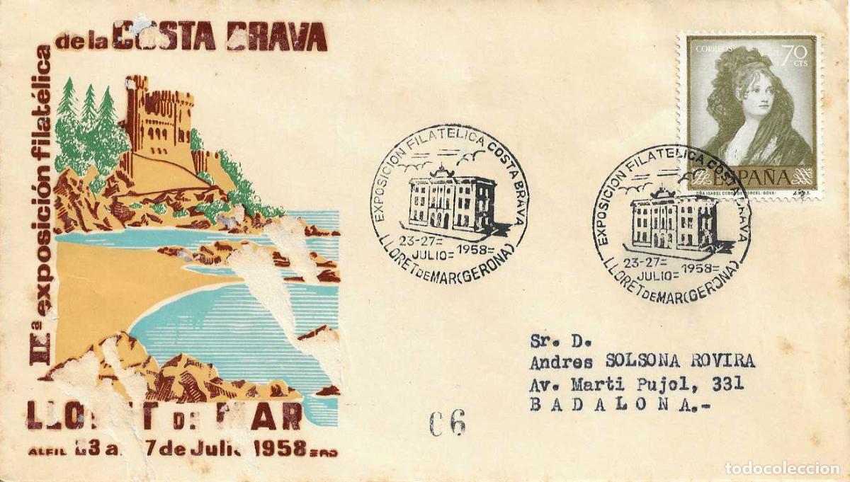 Sellos: COSTA BRAVA II EXPOSICION FILATEL, LLORET DE MAR (GERONA) 1958. MATASELLOS SOBRE CIRCULADO ALFIL RWR