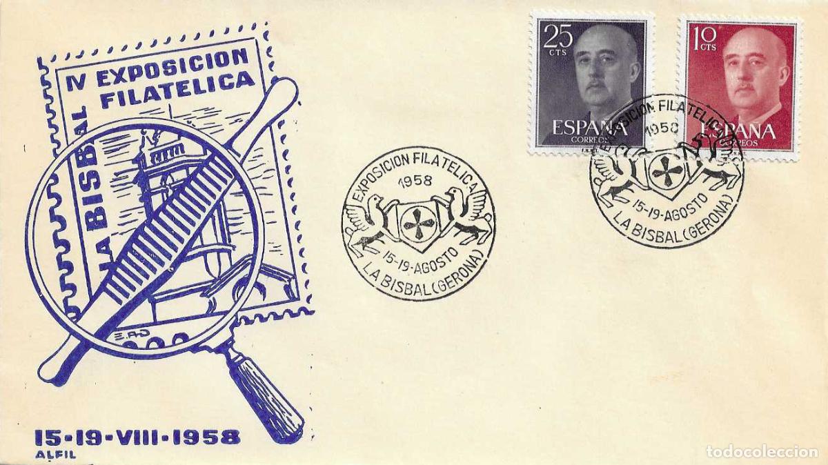 Sellos: IV EXPOSICION FILATELICA, LA BISBAL (GERONA) 1958. MATASELLOS EN SOBRE SIN CIRCULAR DE ALFIL