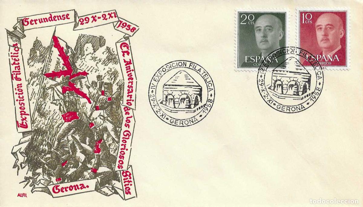 Sellos: GUERRA INDEPENDENCIA 150 ANIV SITIOS EXPOSICION GERONA 1958 MATASELLOS SOBRE SIN CIRCULAR ALFIL RARO