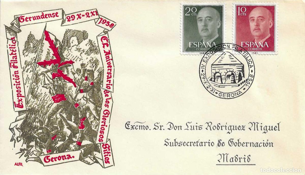 Sellos: GUERRA INDEPENDENCIA 150 ANIV SITIOS IV EXPOSICION, GERONA 1958 MATASELLOS SOBRE DIRIGIDO ALFIL RARO