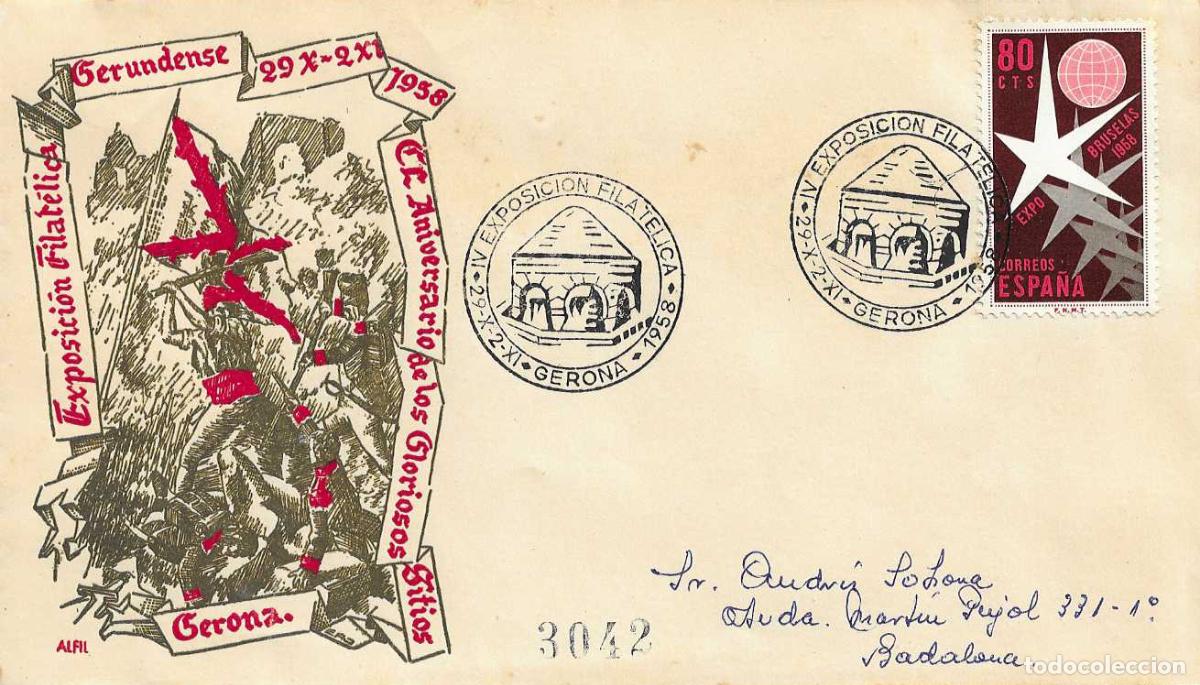 Sellos: GUERRA INDEPENDENCIA 150 ANIV SITIOS IV EXPOSICION GERONA 1958 MATASELLOS SOBRE CIRCULADO ALFIL RARO