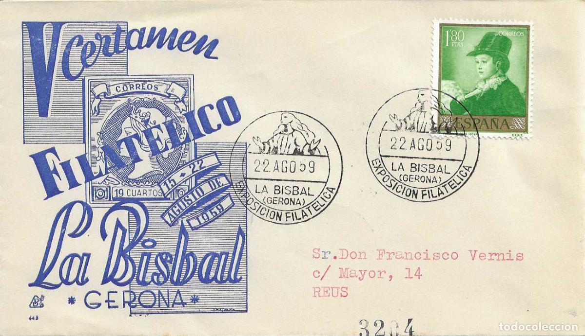 Sellos: V CERTAMEN FILATELICO, LA BISBAL (GERONA) 22 AGOSTO 1959. RARO MATASELLOS EN SOBRE CIRCULADO DE DP