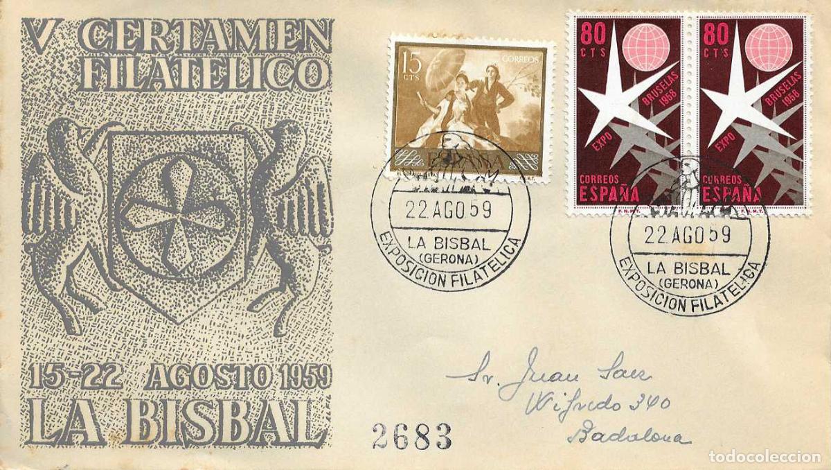 Sellos: V CERTAMEN FILATELICO, LA BISBAL (GERONA) 22 AGOSTO 1959. RARO MATASELLOS EN SOBRE CIRCULADO ALFIL