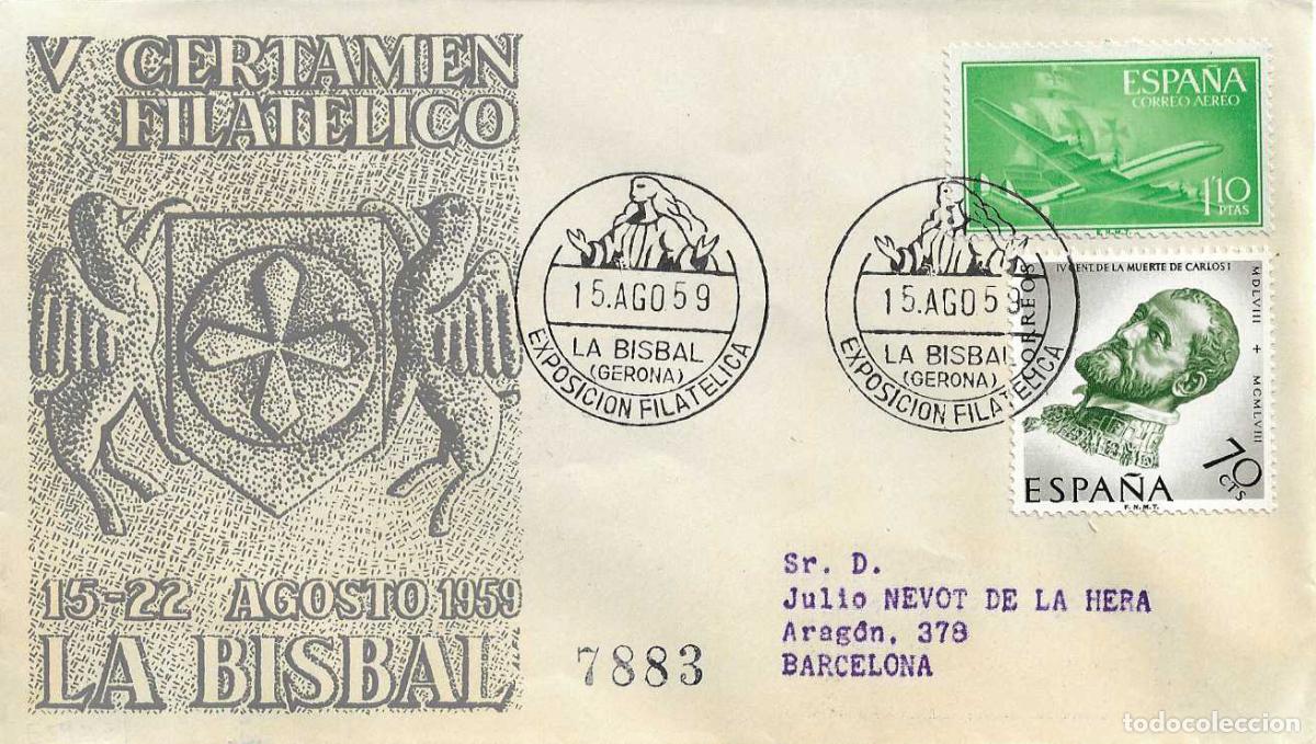 Sellos: V CERTAMEN FILATELICO, LA BISBAL (GERONA) 15 AGOSTO 1959. RARO MATASELLOS SOBRE CIRCULADO ALFIL RWR