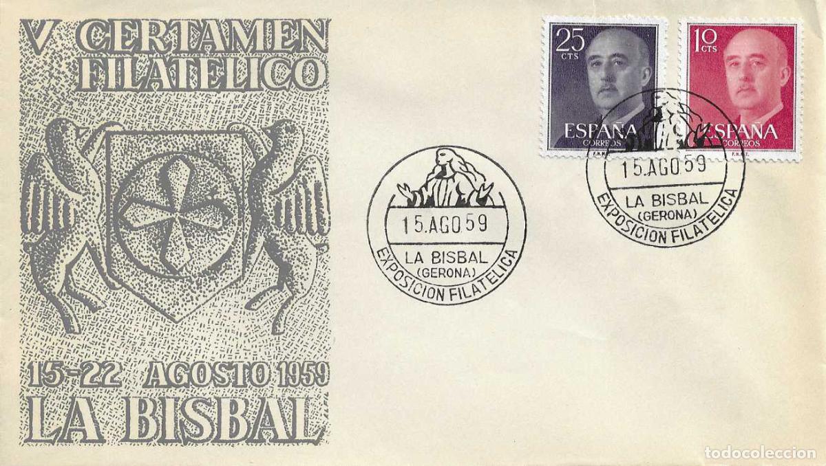 Sellos: V CERTAMEN FILATELICO, LA BISBAL (GERONA) 15 AGOSTO 1959. MATASELLOS SOBRE SIN CIRCULAR ALFIL RARO